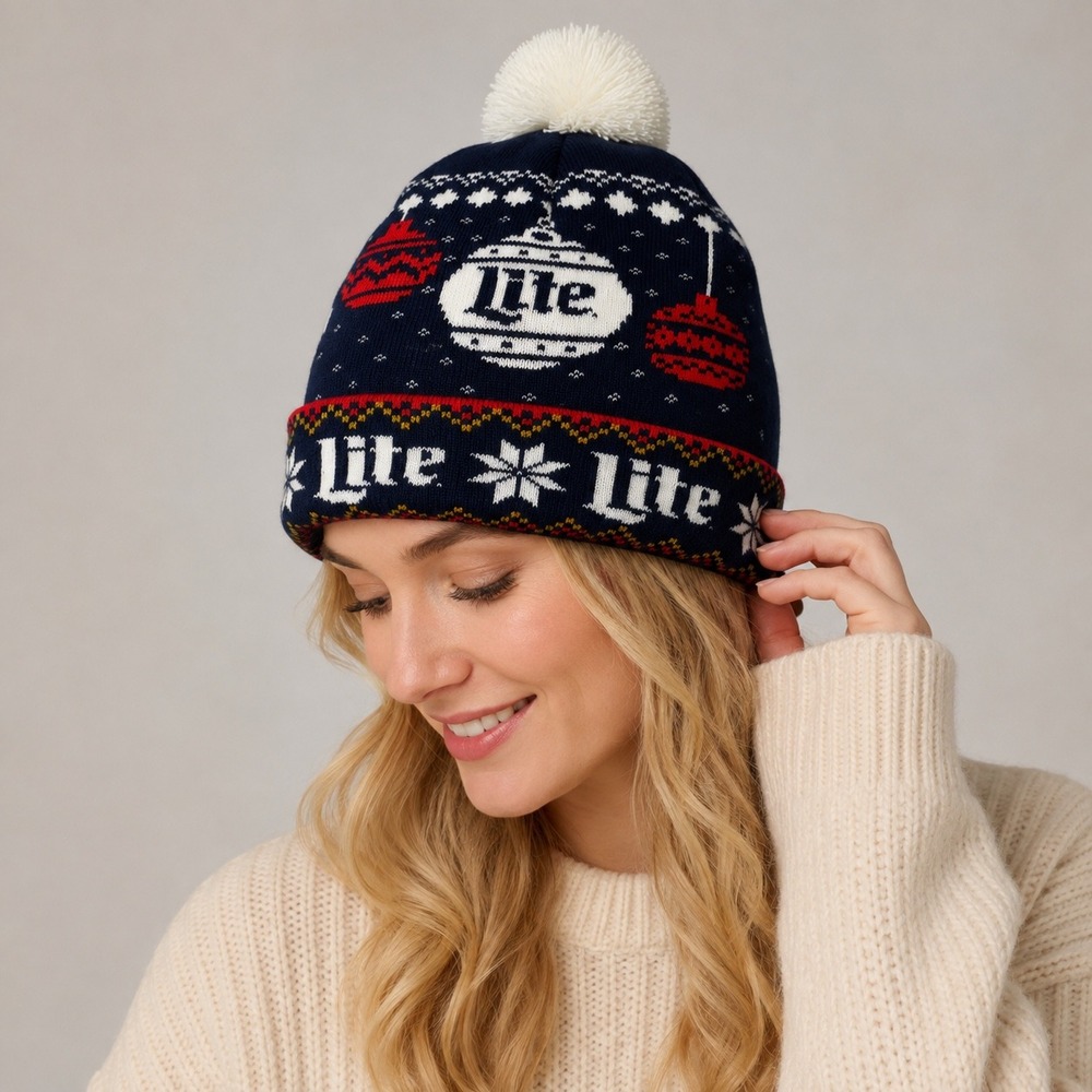 Miller Lite Beanie Hat Unisex OSFA Navy Blue Christmas Holiday Pom Knit Cap
